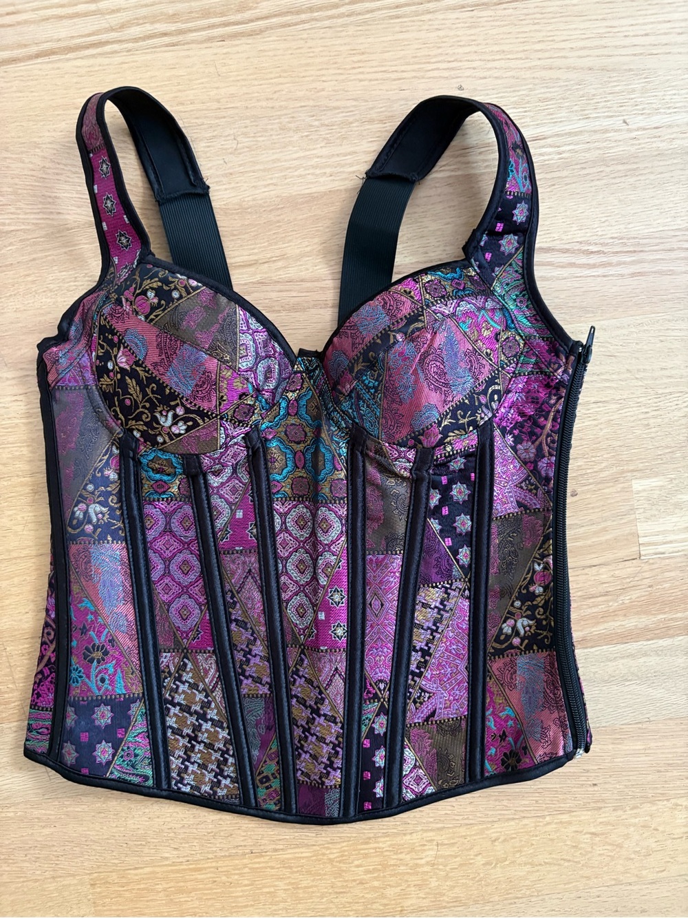Patchwork Satin Bustier Top in Pink and Black
